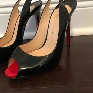 Christian Louboutin Black Patent Leather Sling back peep toe size 38, US size 8